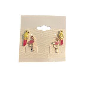 2 Pair Bird Stud Earrings Flamingo Parrot Gold Tone Enamel Pink Yellow .75" NEW
